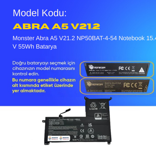 Monster Abra A5 V21.2 NP50BAT-4-54 Notebook 15.4 V 55Wh Batarya – Orjinal Uyumlu, Yüksek Performanslı