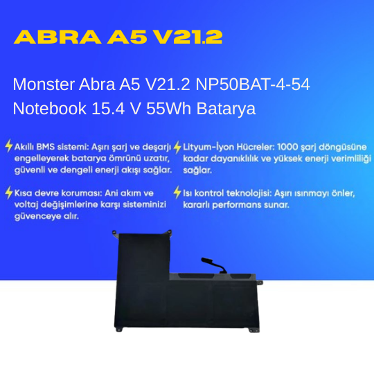 Monster Abra A5 V21.2 NP50BAT-4-54 Notebook 15.4 V 55Wh Batarya – Orjinal Uyumlu, Yüksek Performanslı