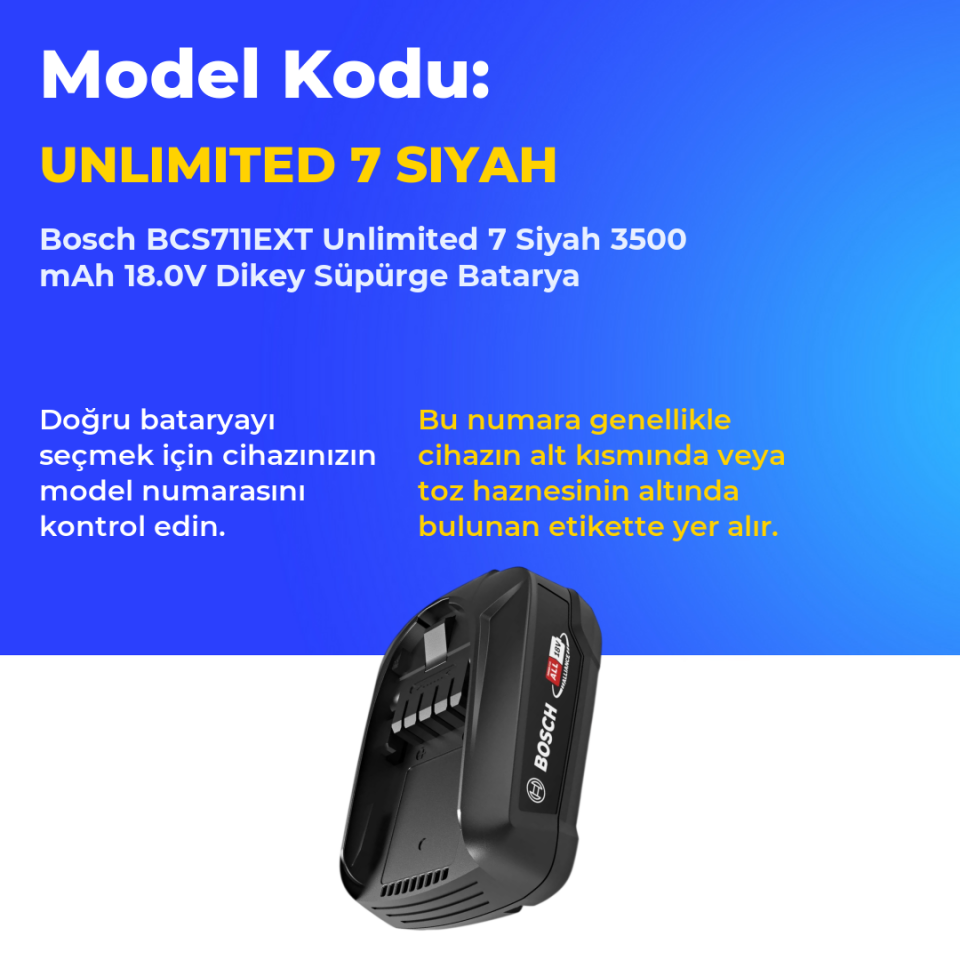 Bosch BCS711EXT Unlimited 7 Siyah 3500 mAh 18.0V Dikey Süpürge Batarya