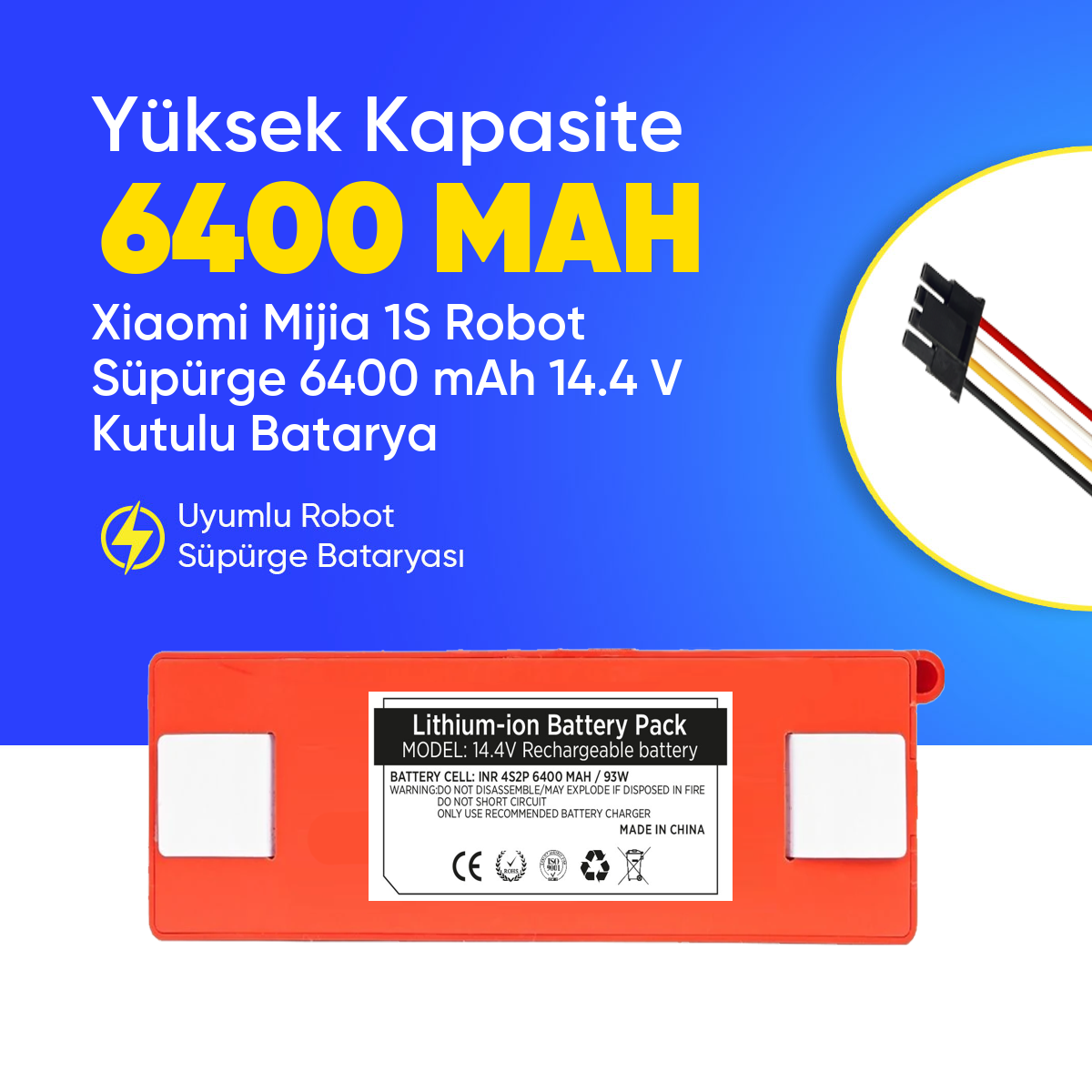 Xiaomi Mijia 1S Robot Süpürge 6400 mAh 14.4 V Kutulu Batarya – Orjinal Uyumlu Uzun Ömürlü, Yüksek Performans Pil