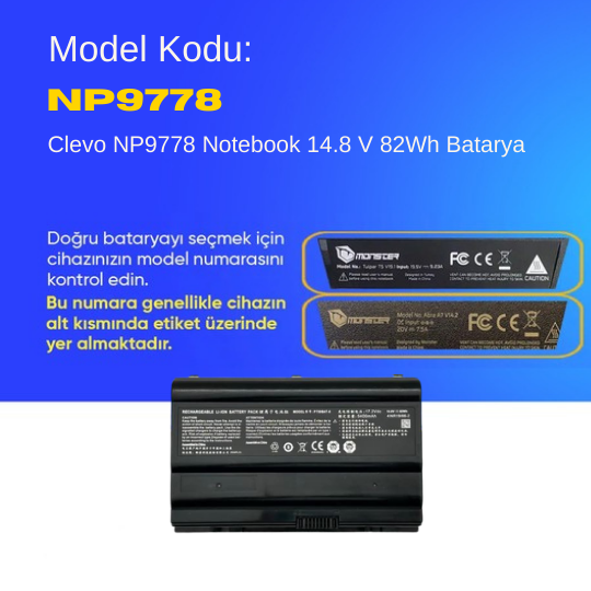 Clevo NP9778 Notebook 14.8 V 82Wh Batarya – Orjinal Uyumlu, Yüksek Performanslı
