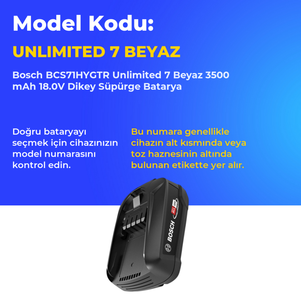 Bosch BCS71HYGTR Unlimited 7 Beyaz 3500 mAh 18.0V Dikey Süpürge Batarya