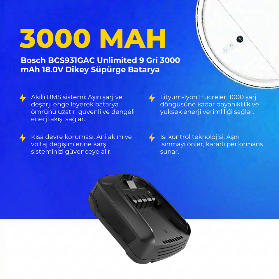 Bosch BCS931GAC Unlimited 9 Gri 3000 mAh 18.0V Dikey Süpürge Batarya