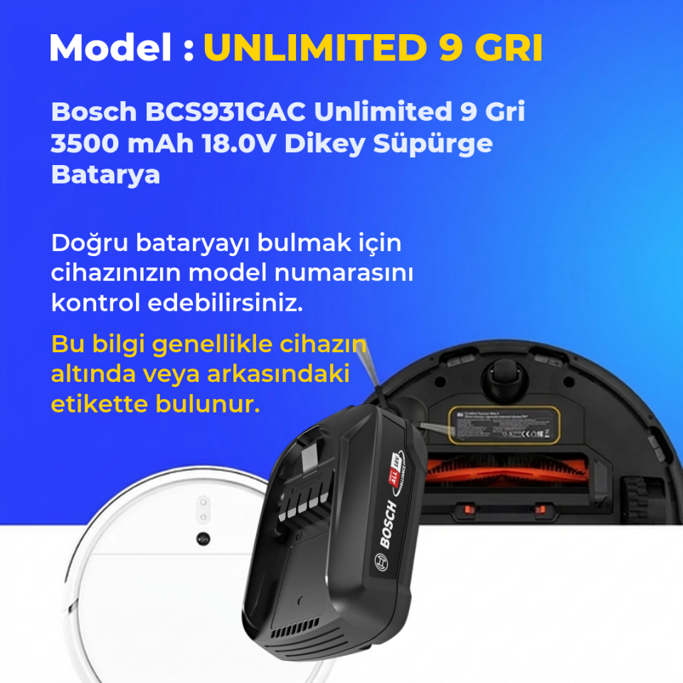 Bosch BCS931GAC Unlimited 9 Gri 3500 mAh 18.0V Dikey Süpürge Batarya
