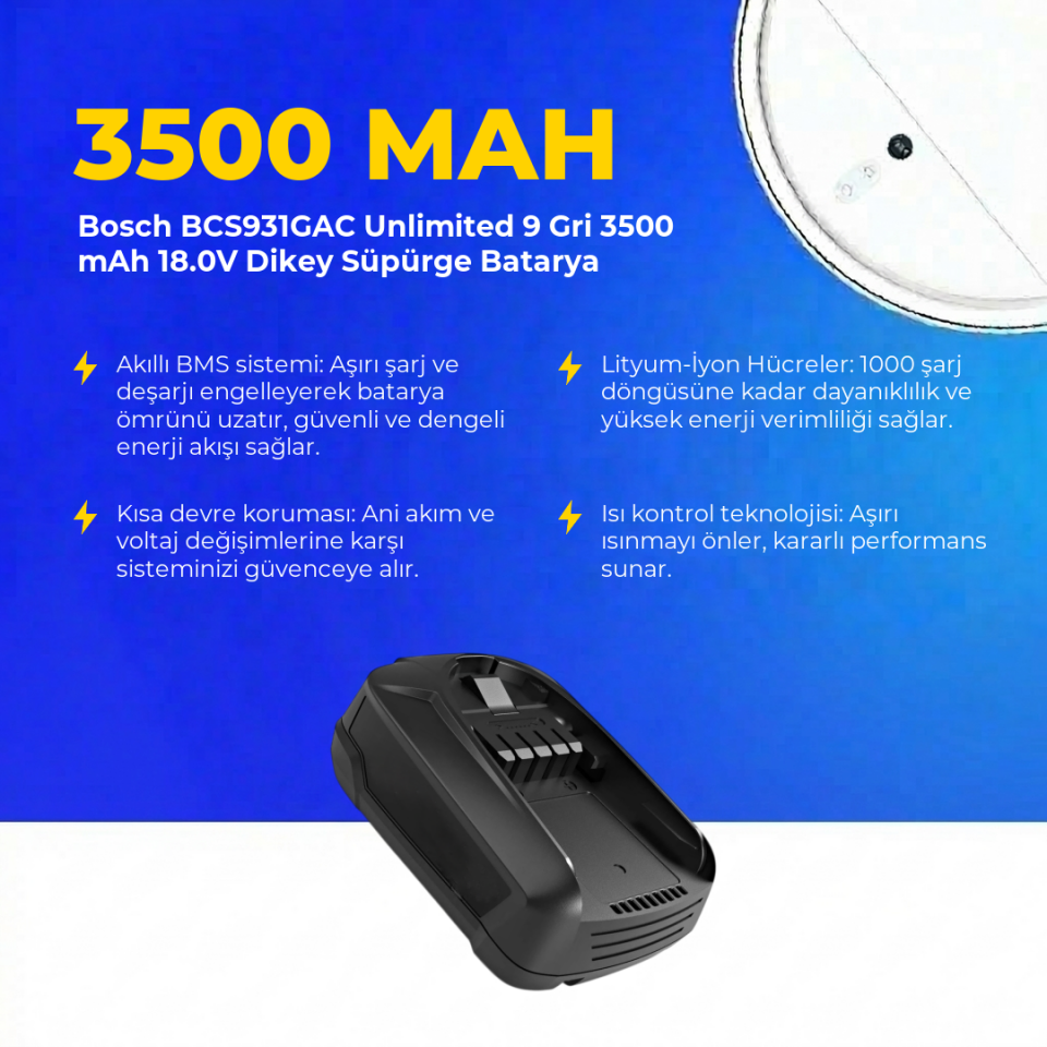 Bosch BCS931GAC Unlimited 9 Gri 3500 mAh 18.0V Dikey Süpürge Batarya