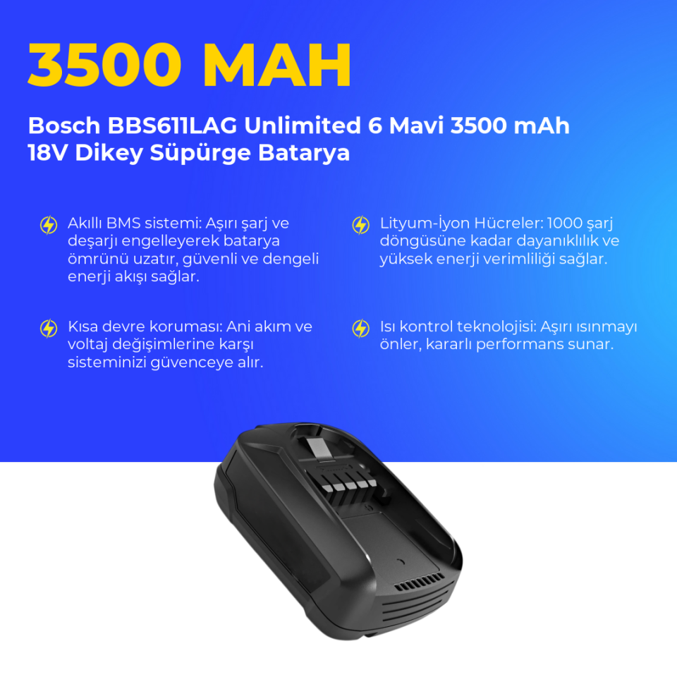 Bosch BBS611LAG Unlimited 6 Mavi 3500 mAh 18V Dikey Süpürge Batarya