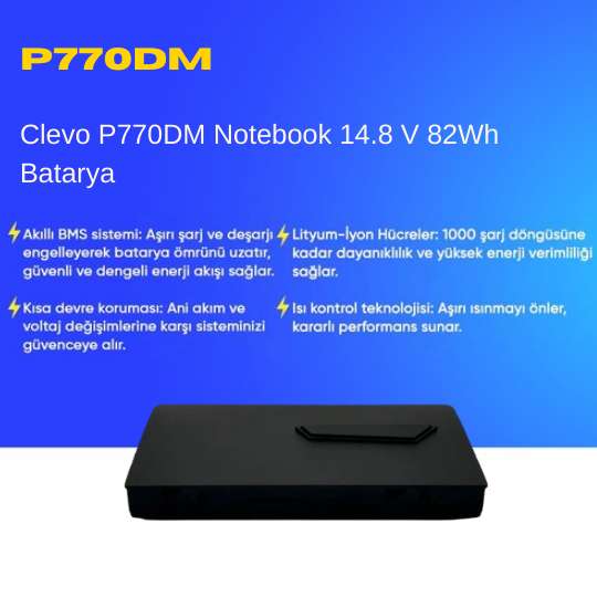 Clevo P770DM Notebook 14.8 V 82Wh Batarya – Orjinal Uyumlu, Yüksek Performanslı
