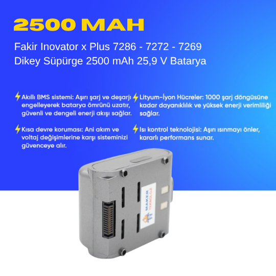 Fakir Inovator x Plus 7286 - 7272 - 7269 Dikey Süpürge 2500 mAh 25,9 V  Batarya – Orjinal Uyumlu Uzun Ömürlü, Yüksek Performans Pil