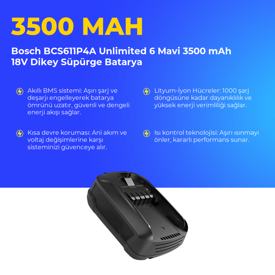 Bosch BCS611P4A Unlimited 6 Mavi 3500 mAh 18V Dikey Süpürge Batarya