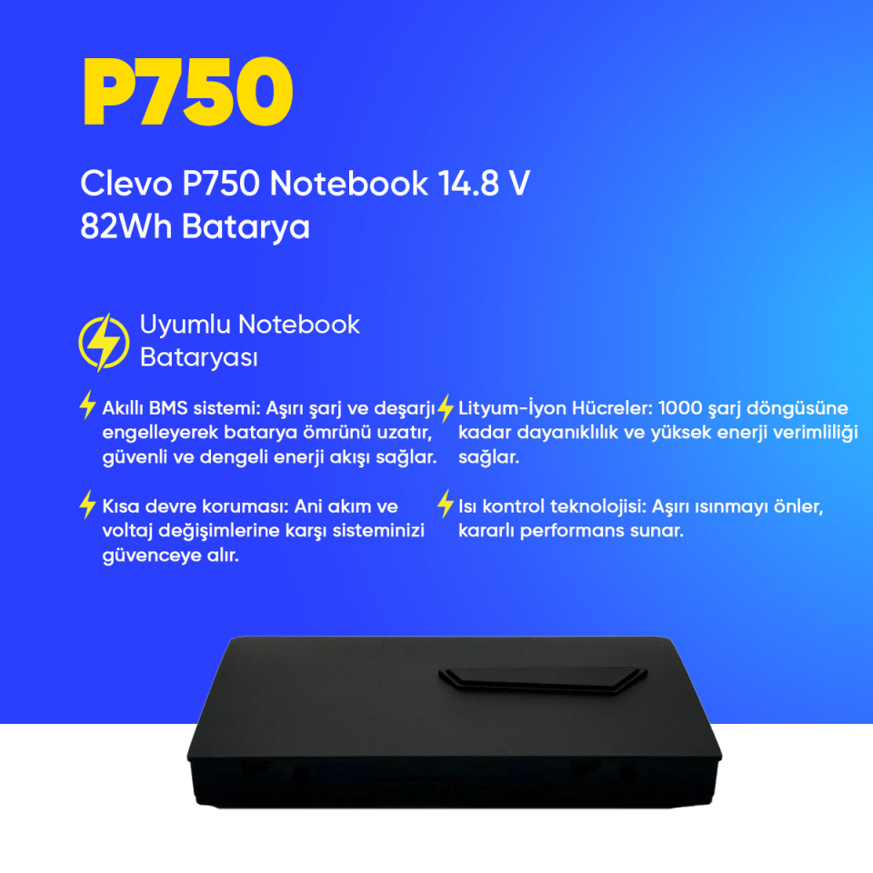 Clevo P750 Notebook 14.8 V 82Wh Batarya – Orjinal Uyumlu, Yüksek Performanslı