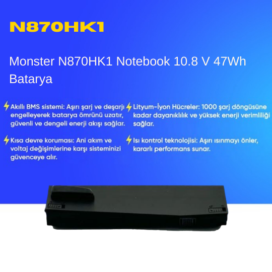 Monster N870HK1 Notebook 10.8 V 47Wh Batarya – Orjinal Uyumlu, Yüksek Performanslı