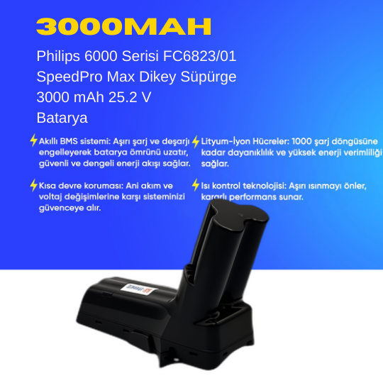 Philips 6000 Serisi FC6823/01 SpeedPro Max Dikey Süpürge 3000 mAh 25.2 V  Batarya – Orjinal Uyumlu Uzun Ömürlü, Yüksek Performans Pil