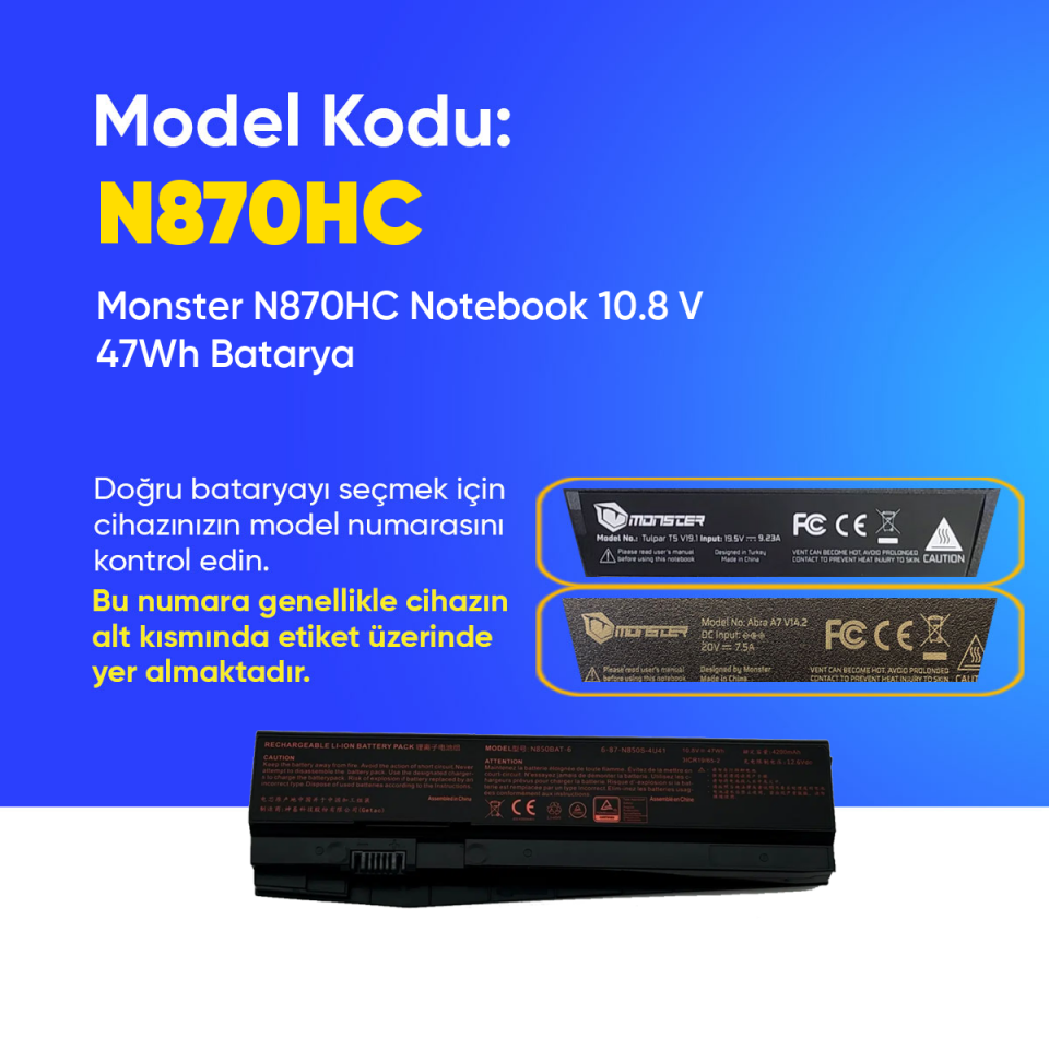 Monster N870HC Notebook 10.8 V 47Wh Batarya – Orjinal Uyumlu, Yüksek Performanslı