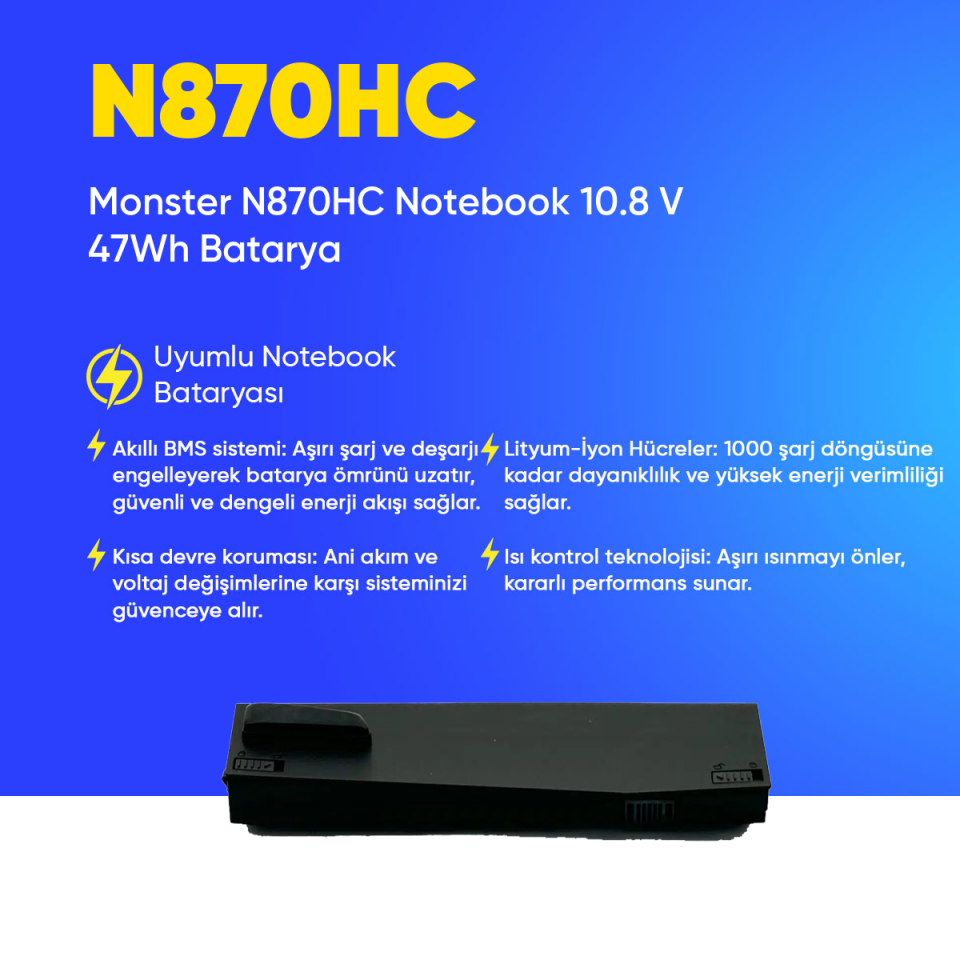 Monster N870HC Notebook 10.8 V 47Wh Batarya – Orjinal Uyumlu, Yüksek Performanslı