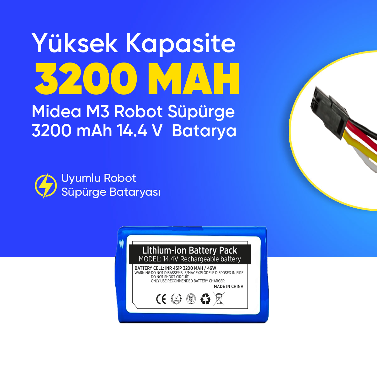 Midea M3 Robot Süpürge 3200 mAh 14.4 V  Batarya – Orjinal Uyumlu Uzun Ömürlü, Yüksek Performans Pil