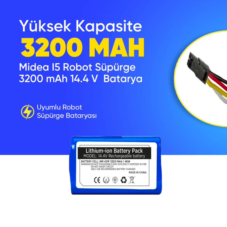 Midea I5 Robot Süpürge 3200 mAh 14.4 V  Batarya – Orjinal Uyumlu Uzun Ömürlü, Yüksek Performans Pil