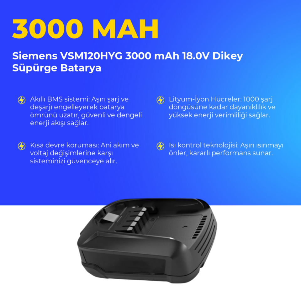 Siemens VSM120HYG 3000 mAh 18.0V Dikey Süpürge Batarya