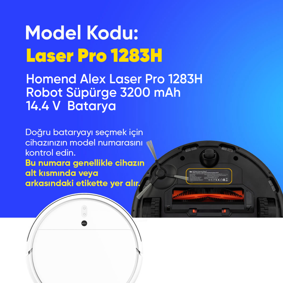 Homend Alex Laser Pro 1283H Robot Süpürge 3200 mAh 14.4 V  Batarya – Orjinal Uyumlu Uzun Ömürlü, Yüksek Performans Pil
