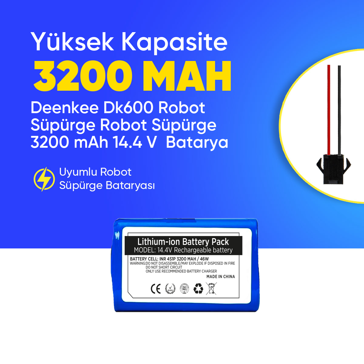 Dk600 Robot Süpürge Robot Süpürge 3200 mAh 14.4 V  Batarya – Orjinal Uyumlu Uzun Ömürlü, Yüksek Performans Pil