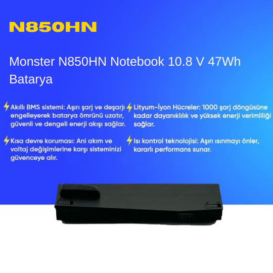 Monster N850HN Notebook 10.8 V 47Wh Batarya – Orjinal Uyumlu, Yüksek Performanslı