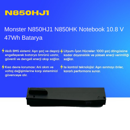 Monster N850HJ1 N850HK Notebook 10.8 V 47Wh Batarya – Orjinal Uyumlu, Yüksek Performanslı