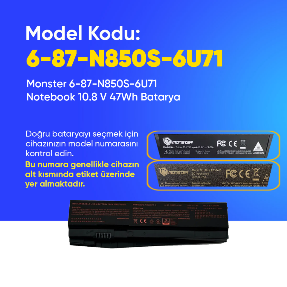 Monster 6-87-N850S-6U71 Notebook 10.8 V 47Wh Batarya – Orjinal Uyumlu, Yüksek Performanslı