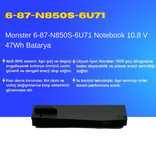 Monster 6-87-N850S-6U71 Notebook 10.8 V 47Wh Batarya – Orjinal Uyumlu, Yüksek Performanslı