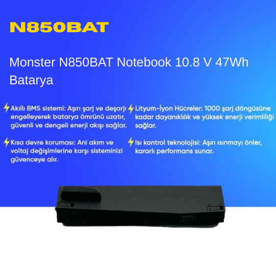 Monster N850BAT Notebook 10.8 V 47Wh Batarya – Orjinal Uyumlu, Yüksek Performanslı