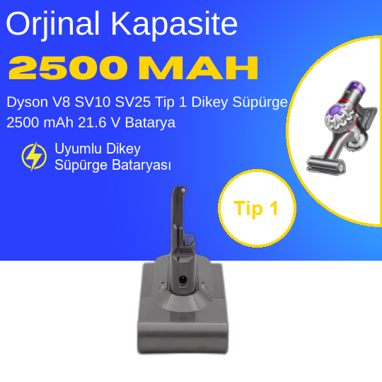 Dyson V8 SV10 SV25 Tip 1 Dikey Süpürge 2500 mAh 21.6 V  Batarya – Orjinal Uyumlu Uzun Ömürlü, Yüksek Performans Pil