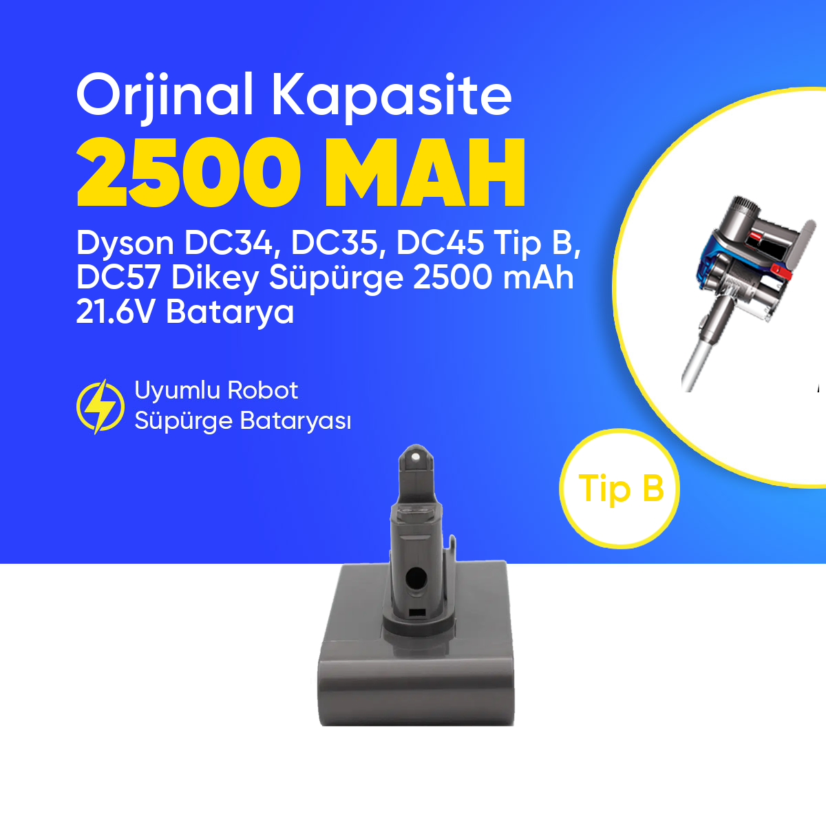 Dyson DC34, DC35, DC45 Tip B, DC57 Dikey Süpürge 2500 mAh 21.6 V  Batarya – Orjinal Uyumlu Uzun Ömürlü, Yüksek Performans Pil