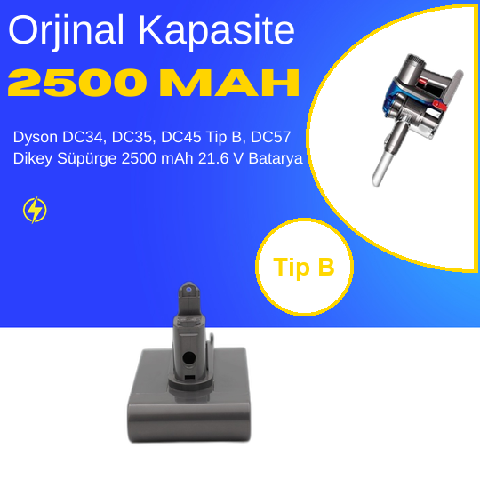 Dyson DC34, DC35, DC45 Tip B, DC57 Dikey Süpürge 2500 mAh 21.6 V  Batarya – Orjinal Uyumlu Uzun Ömürlü, Yüksek Performans Pil