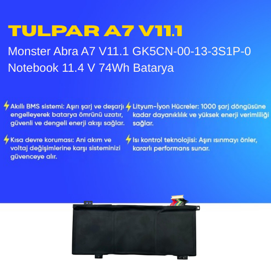 Monster Abra A7 V11.1 GK5CN-00-13-3S1P-0 Notebook 11.4 V 74Wh Batarya – Orjinal Uyumlu, Yüksek Performanslı