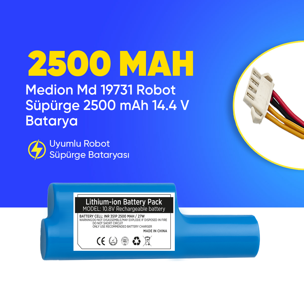 Medion Md 19731 Robot Süpürge 2500 mAh 14.4 V  Batarya – Orjinal Uyumlu Uzun Ömürlü, Yüksek Performans Pil