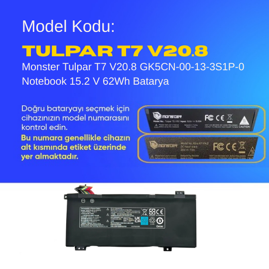 Monster Tulpar T7 V20.8 GK5CN-00-13-3S1P-0 Notebook 15.2 V 62Wh Batarya – Orjinal Uyumlu, Yüksek Performanslı