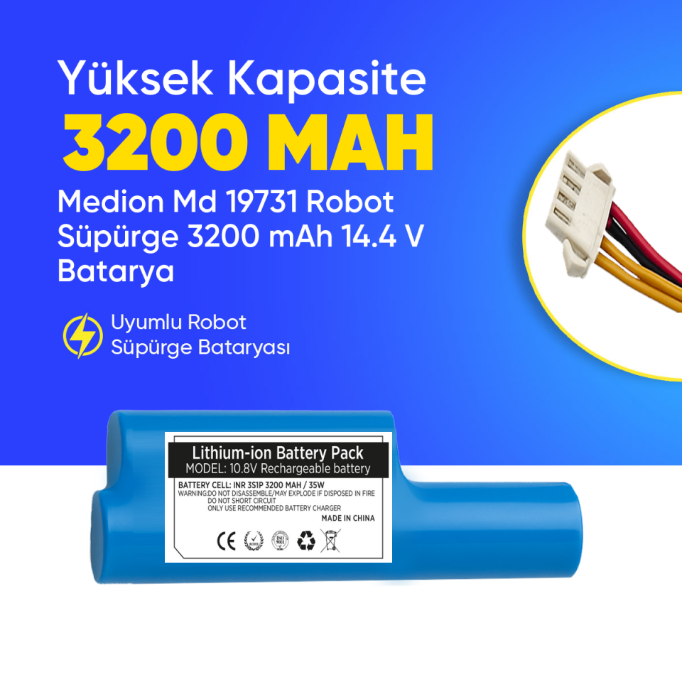 Medion Md 19731 Robot Süpürge 3200 mAh 14.4 V  Batarya – Orjinal Uyumlu Uzun Ömürlü, Yüksek Performans Pil