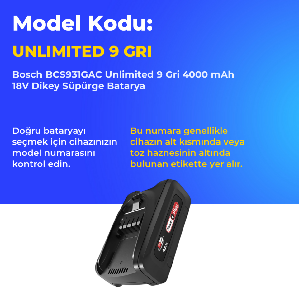 Bosch BCS931GAC Unlimited 9 Gri 4000 mAh 18V Dikey Süpürge Batarya