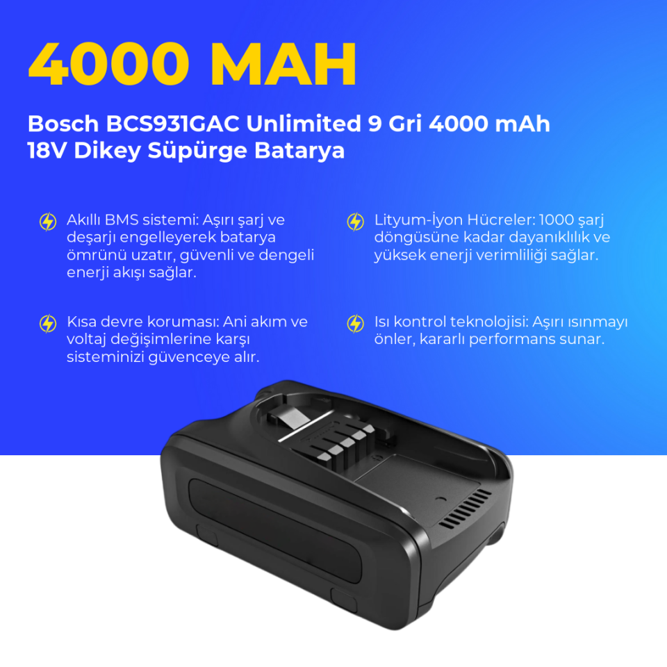 Bosch BCS931GAC Unlimited 9 Gri 4000 mAh 18V Dikey Süpürge Batarya