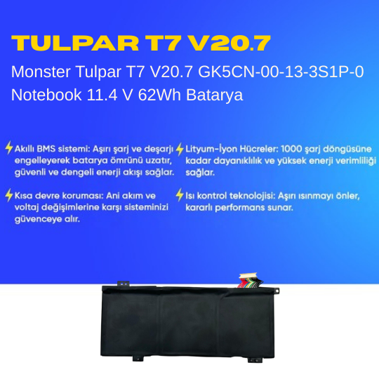 Monster Tulpar T7 V20.7 GK5CN-00-13-3S1P-0 Notebook 11.4 V 62Wh Batarya – Orjinal Uyumlu, Yüksek Performanslı