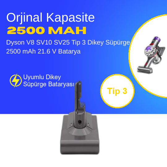 Dyson V8 SV10 SV25 Tip 3 Dikey Süpürge 2500 mAh 21.6 V  Batarya – Orjinal Uyumlu Uzun Ömürlü, Yüksek Performans Pil