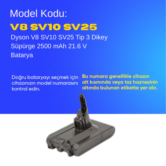 Dyson V8 SV10 SV25 Tip 3 Dikey Süpürge 2500 mAh 21.6 V  Batarya – Orjinal Uyumlu Uzun Ömürlü, Yüksek Performans Pil