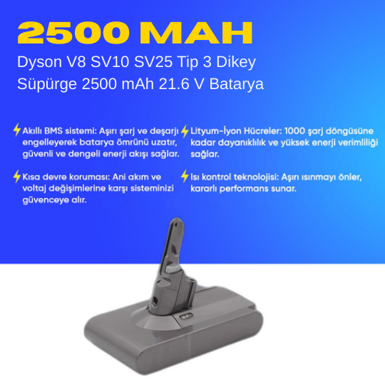 Dyson V8 SV10 SV25 Tip 3 Dikey Süpürge 2500 mAh 21.6 V  Batarya – Orjinal Uyumlu Uzun Ömürlü, Yüksek Performans Pil