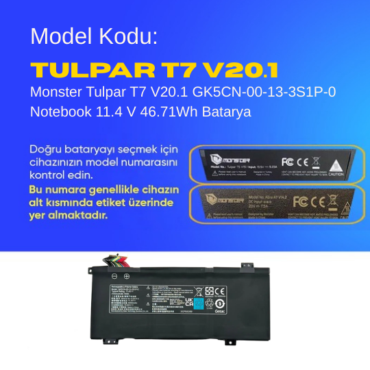 Monster Tulpar T7 V20.1 GK5CN-00-13-3S1P-0 Notebook 11.4 V 46.71Wh Batarya – Orjinal Uyumlu, Yüksek Performanslı