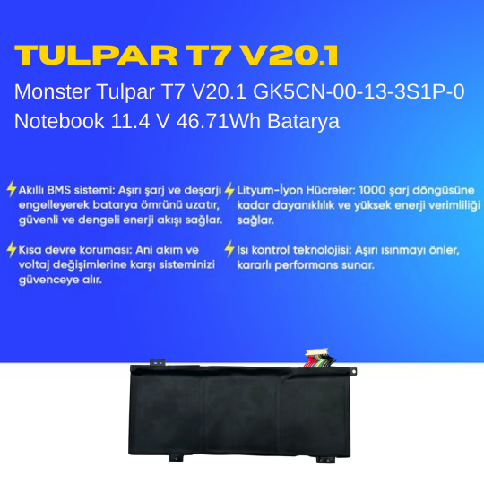 Monster Tulpar T7 V20.1 GK5CN-00-13-3S1P-0 Notebook 11.4 V 46.71Wh Batarya – Orjinal Uyumlu, Yüksek Performanslı