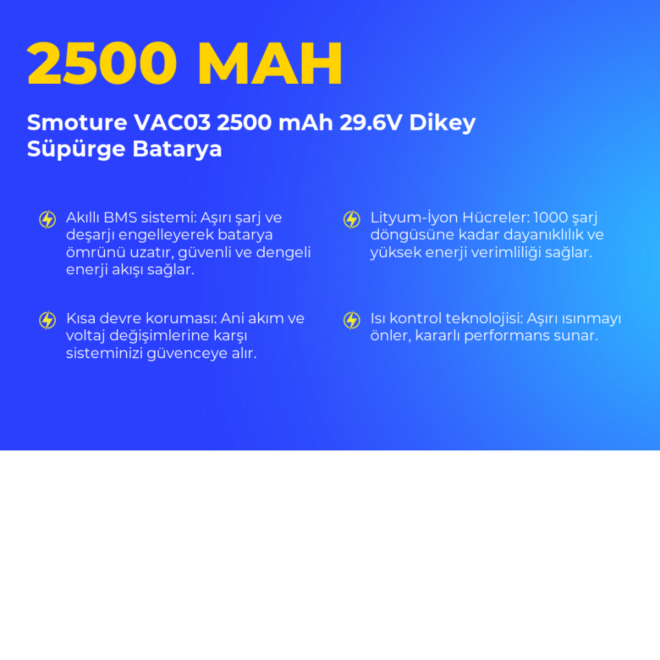 Smoture VAC03 2500 mAh 29.6V Dikey Süpürge Batarya