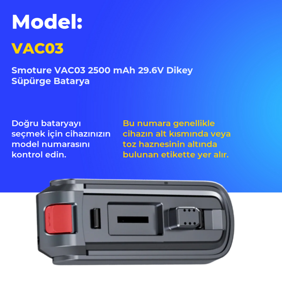 Smoture VAC03 2500 mAh 29.6V Dikey Süpürge Batarya