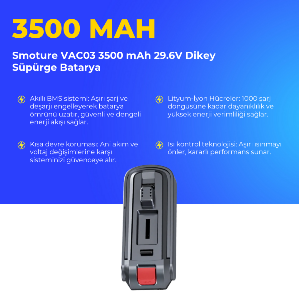 Smoture VAC03 3500 mAh 29.6V Dikey Süpürge Batarya