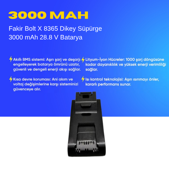 Fakir Bolt X 8365 Dikey Süpürge 3000 mAh 28.8 V  Batarya – Orjinal Uyumlu Uzun Ömürlü, Yüksek Performans Pil