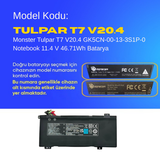 Monster Tulpar T7 V20.4 GK5CN-00-13-3S1P-0 Notebook 11.4 V 46.71Wh Batarya – Orjinal Uyumlu, Yüksek Performanslı