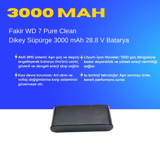 Fakir WD 7 Pure Clean Dikey Süpürge 3000 mAh 28.8 V  Batarya – Orjinal Uyumlu Uzun Ömürlü, Yüksek Performans Pil
