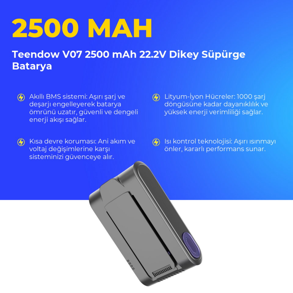 Teendow V07 2500 mAh 22.2V Dikey Süpürge Batarya